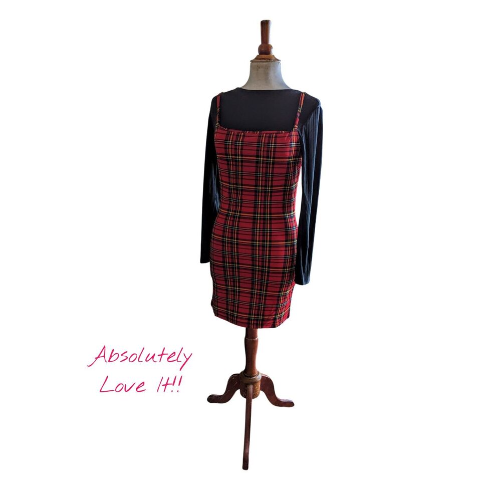 Absolutely Love It 2-Piece Dress Set Red Plaid Bodycon w/ Black Top